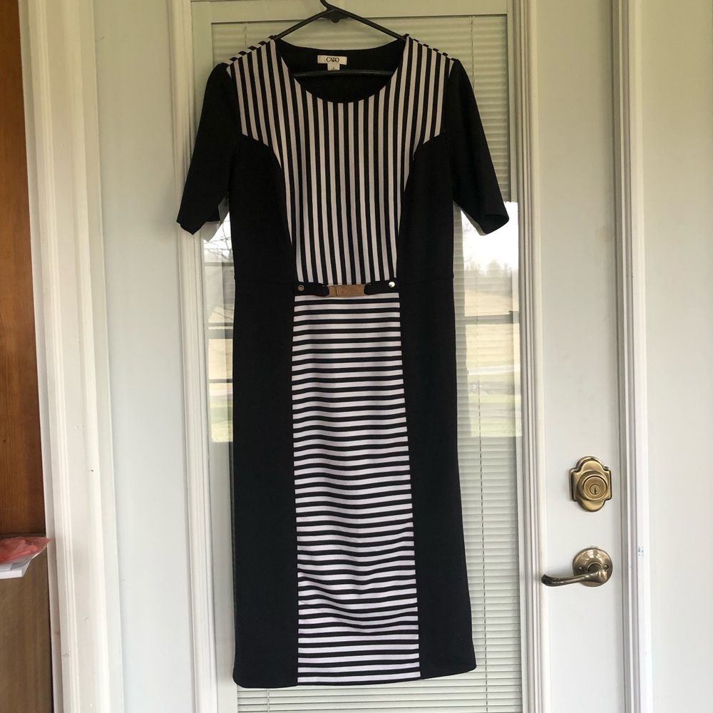 Black, short sleeved dress with vertical and horizontal white stripes